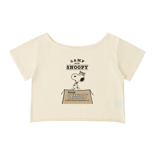 Snoopy "Camp Peanuts"Off-Shoulder Rolled Hem Shirt