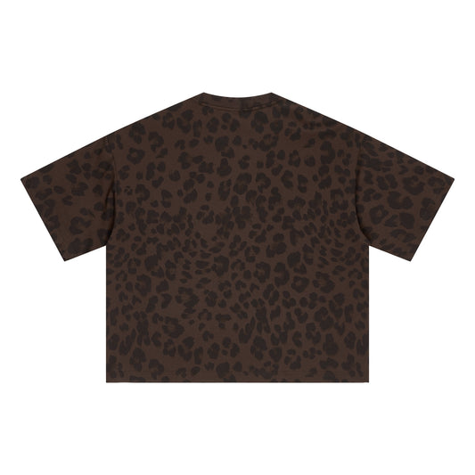 240GSM Men’s Boxy Leopard Print Heat-Transfer Loose T-shirt Coffee