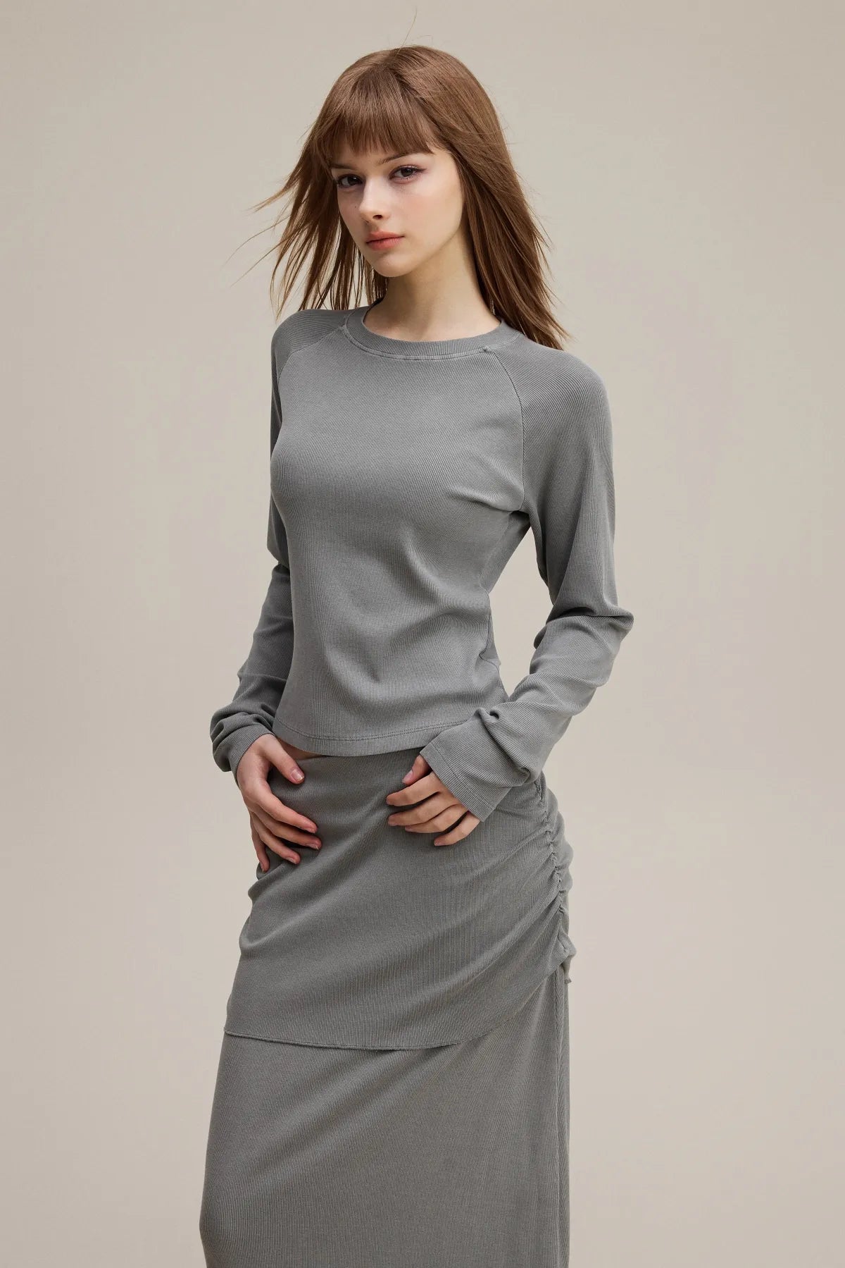 Dyed Washed Raglan Long Sleeve Slim T-Shirt