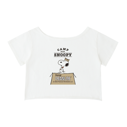 Snoopy "Camp Peanuts"Off-Shoulder Rolled Hem Shirt