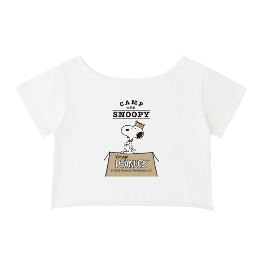 Snoopy "Camp Peanuts"Off-Shoulder Rolled Hem Shirt