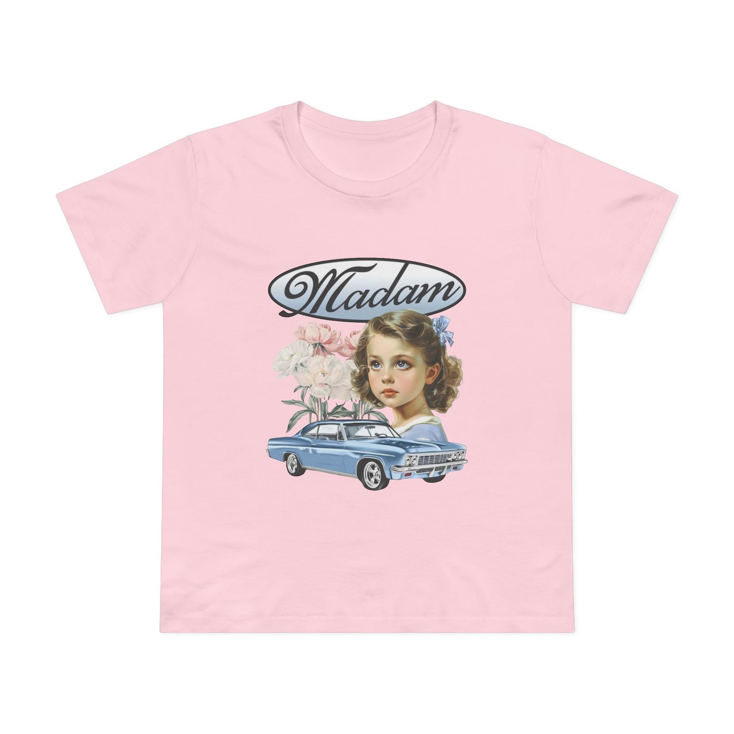 Madam Vintage Tee — Retro Car & Floral T-Shirt
