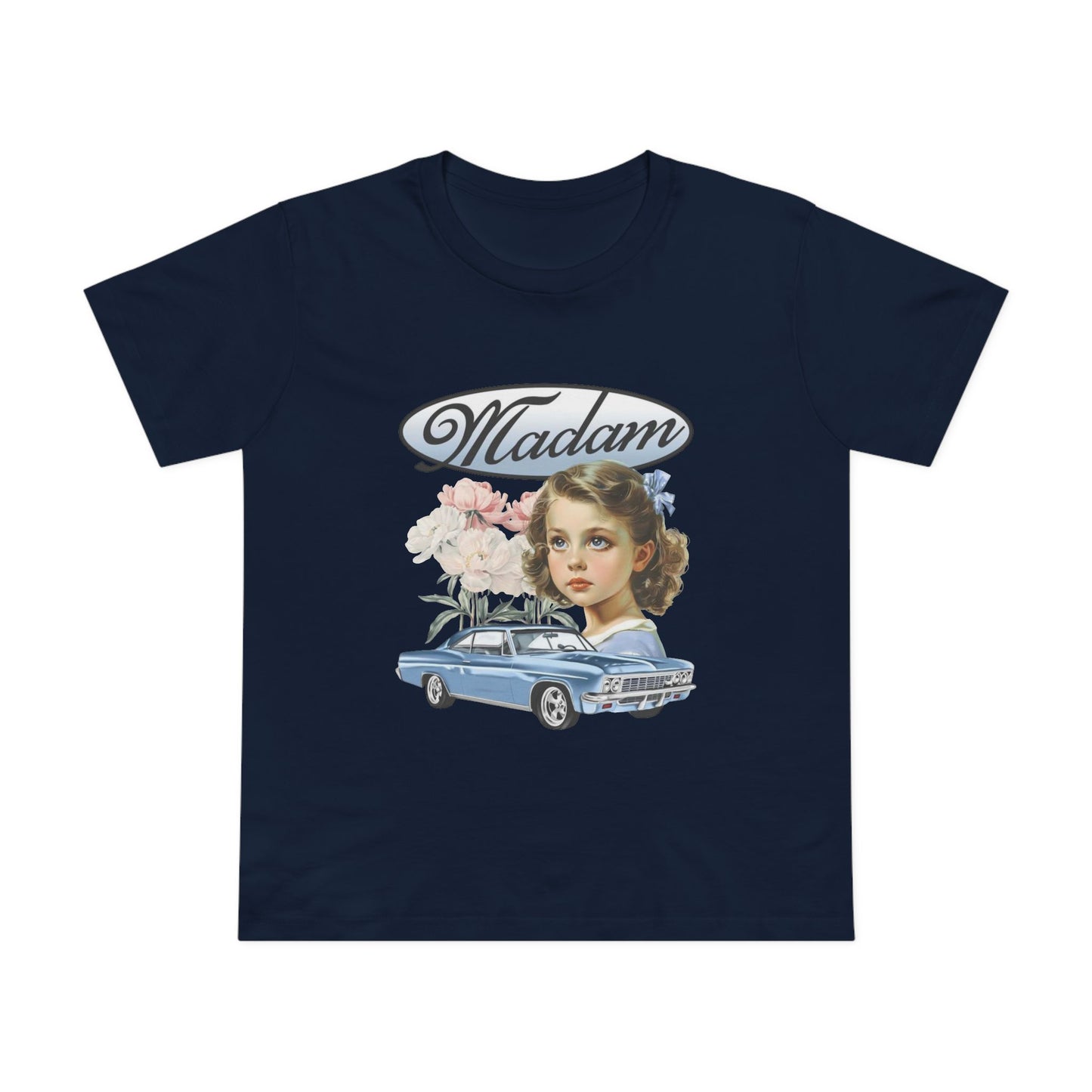 Madam Vintage Tee — Retro Car & Floral T-Shirt