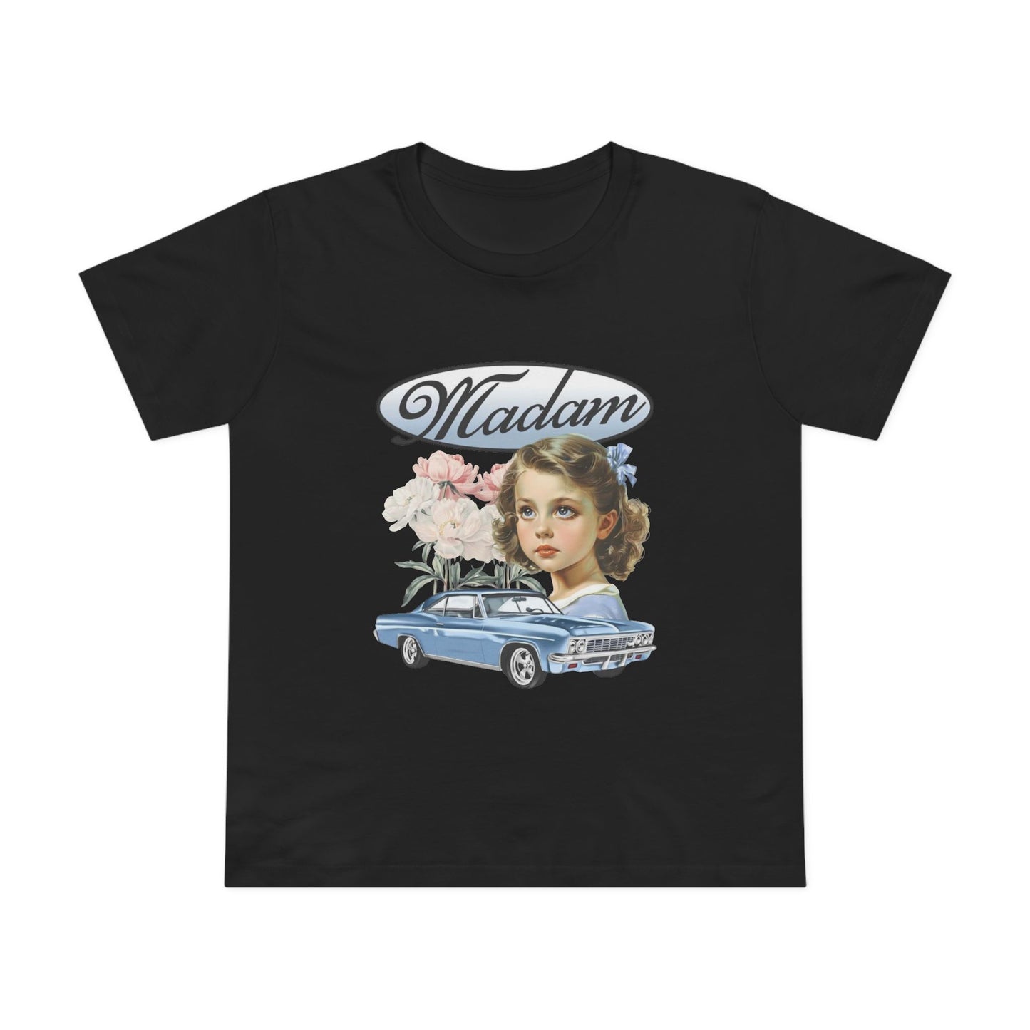 Madam Vintage Tee — Retro Car & Floral T-Shirt