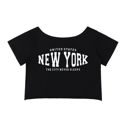 "New York: The City Never Sleeps"Off-Shoulder Rolled Hem Cotton Shirt