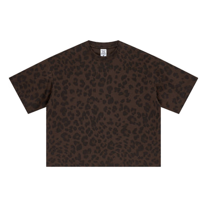 240GSM Men’s Boxy Leopard Print Heat-Transfer Loose T-shirt Coffee 