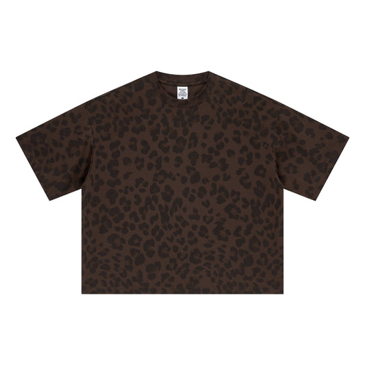240GSM Men’s Boxy Leopard Print Heat-Transfer Loose T-shirt Coffee 
