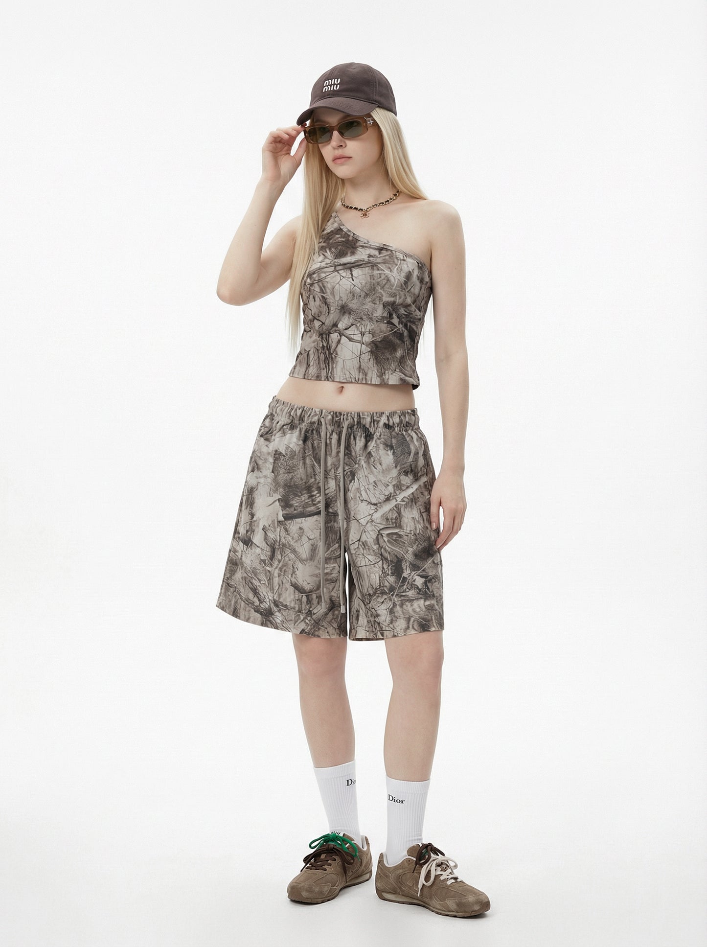 315GSM Women’s Asymmetrical Shoulder Camouflage Tank Top Branch Camouflage