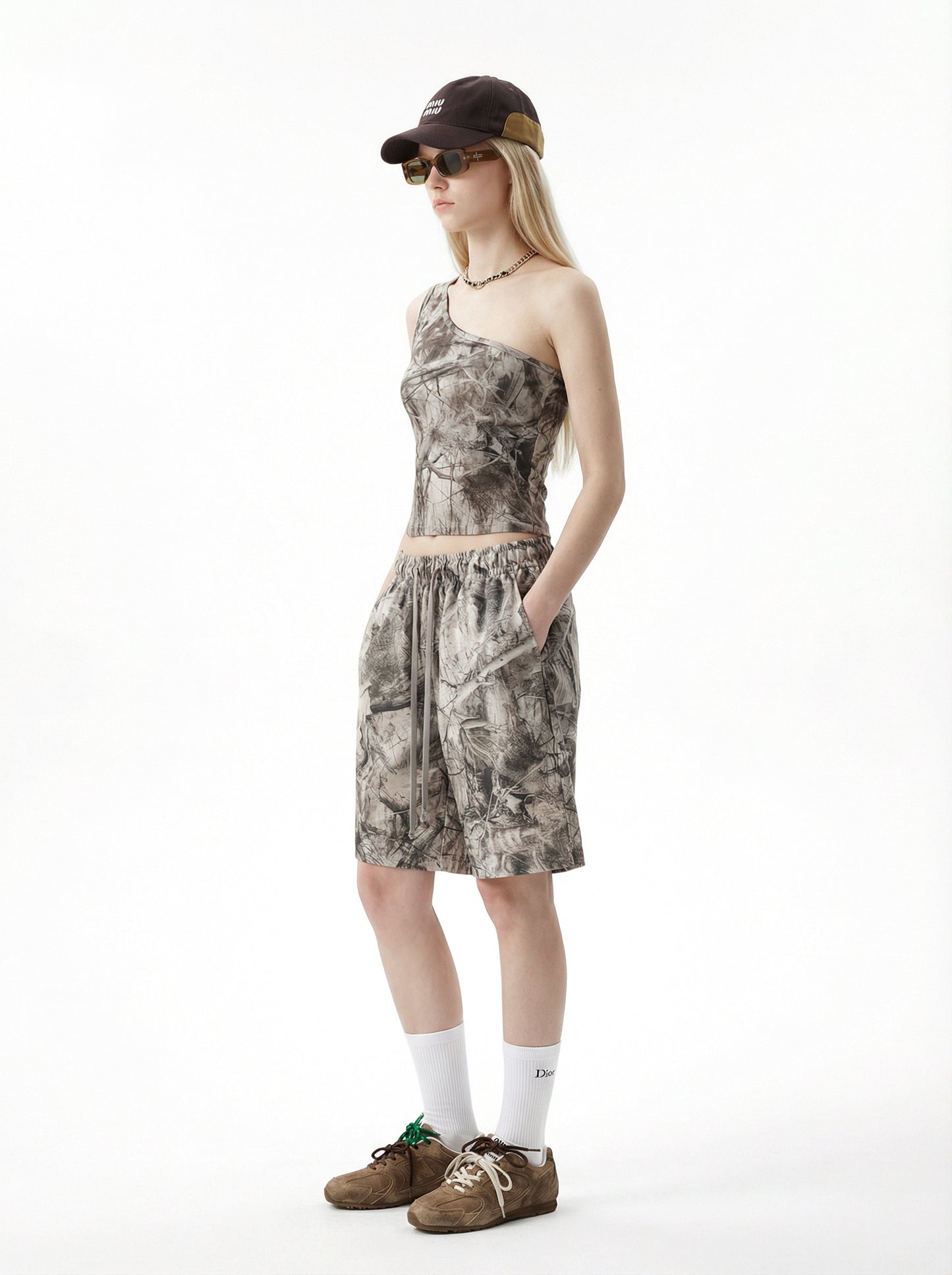 315GSM Women’s Asymmetrical Shoulder Camouflage Tank Top Branch Camouflage