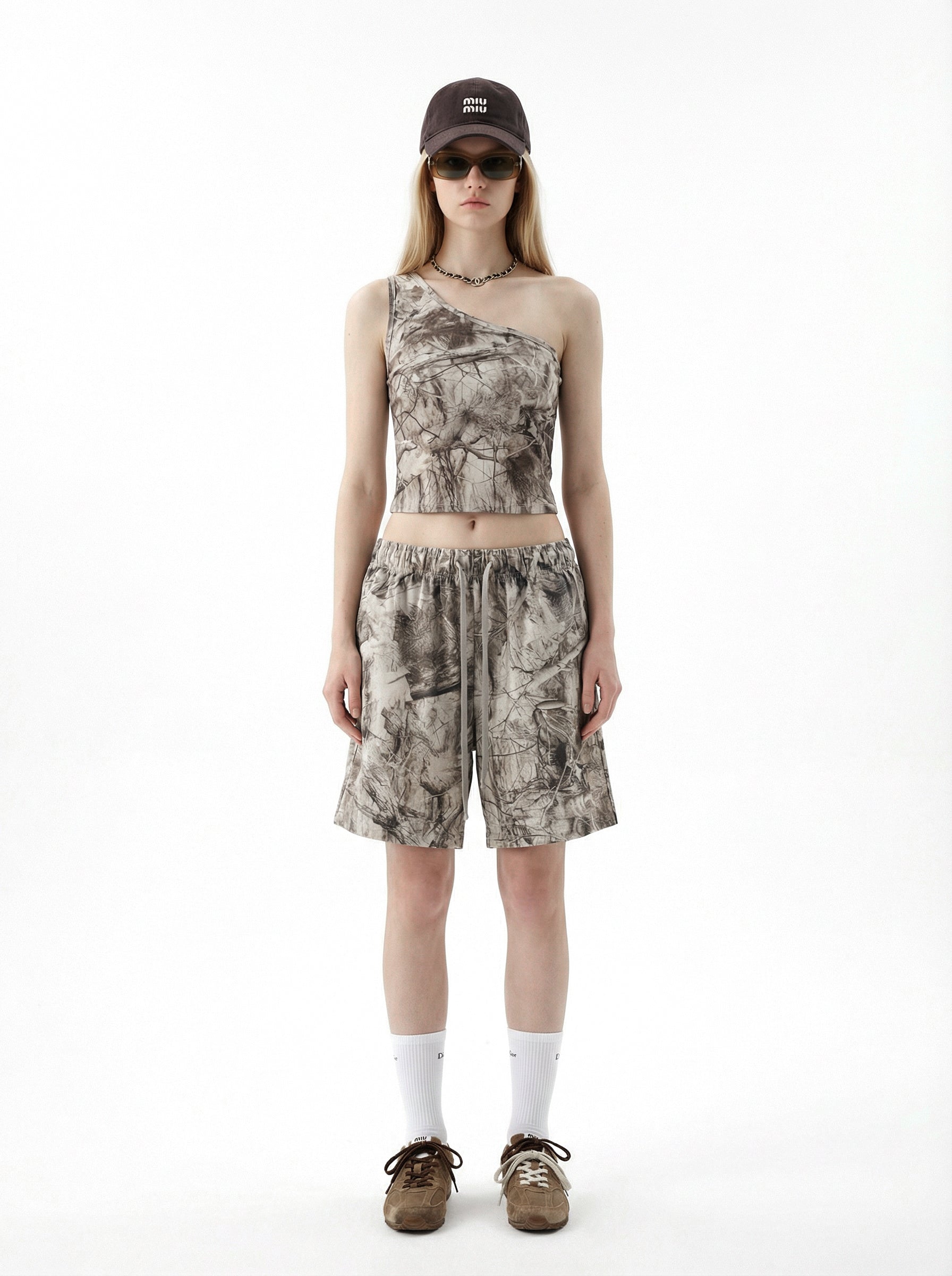 315GSM Women’s Asymmetrical Shoulder Camouflage Tank Top Branch Camouflage