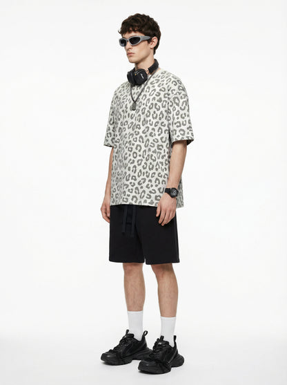 240GSM Men’s Boxy Leopard Print Heat-Transfer Loose T-shirt Gray apricot