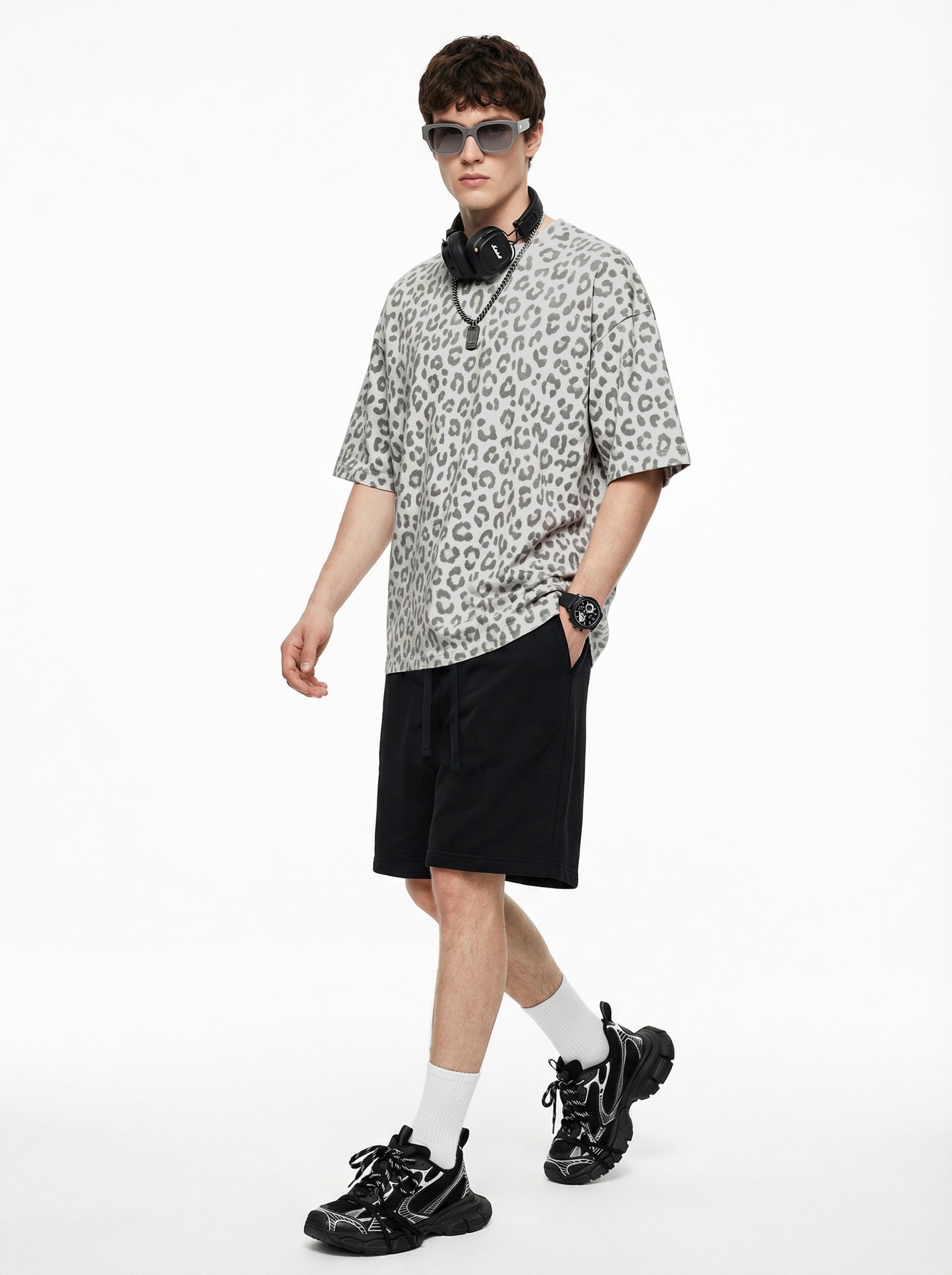240GSM Men’s Boxy Leopard Print Heat-Transfer Loose T-shirt Gray apricot