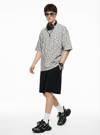 240GSM Men’s Boxy Leopard Print Heat-Transfer Loose T-shirt Gray apricot