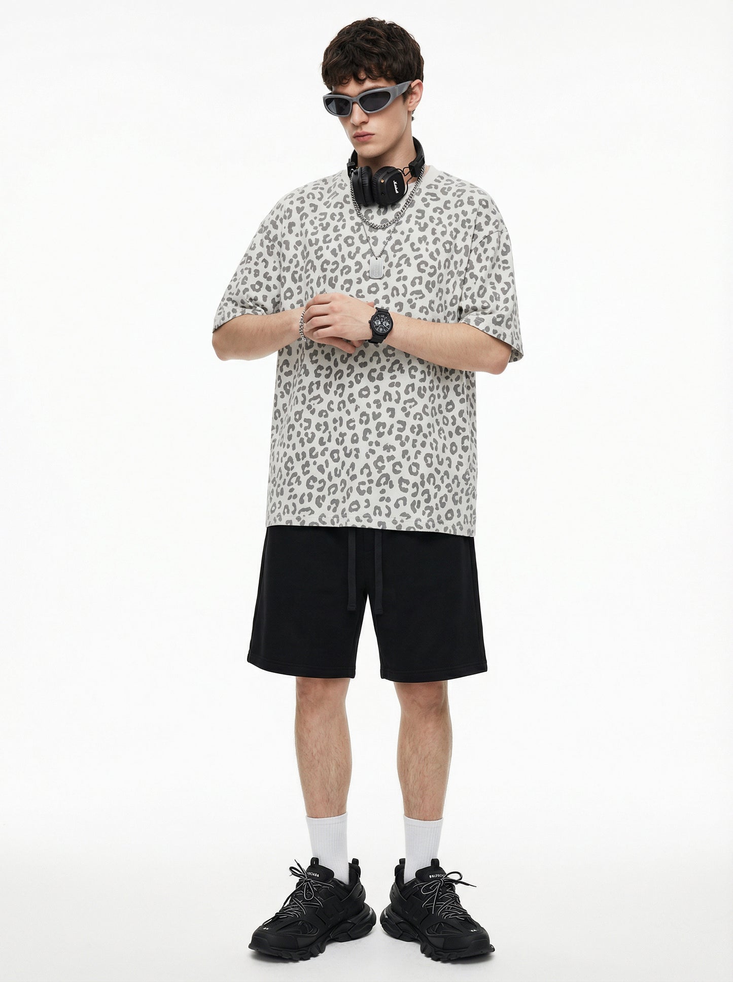 240GSM Men’s Boxy Leopard Print Heat-Transfer Loose T-shirt Gray apricot