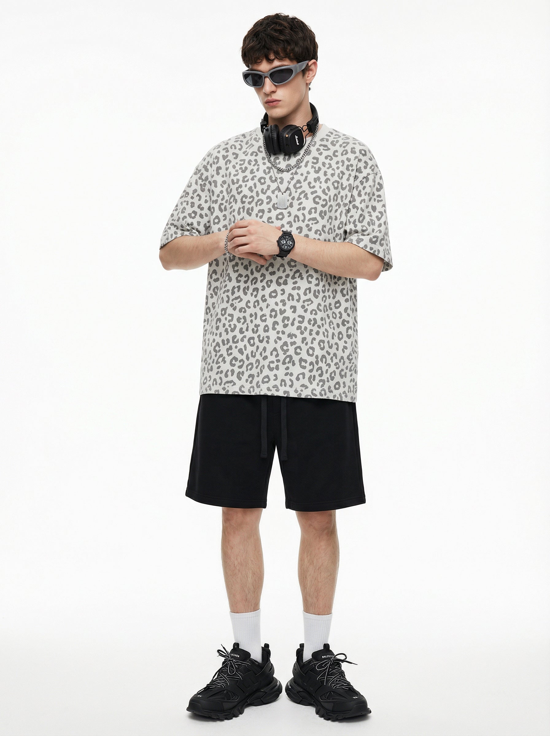 240GSM Men’s Boxy Leopard Print Heat-Transfer Loose T-shirt Gray apricot
