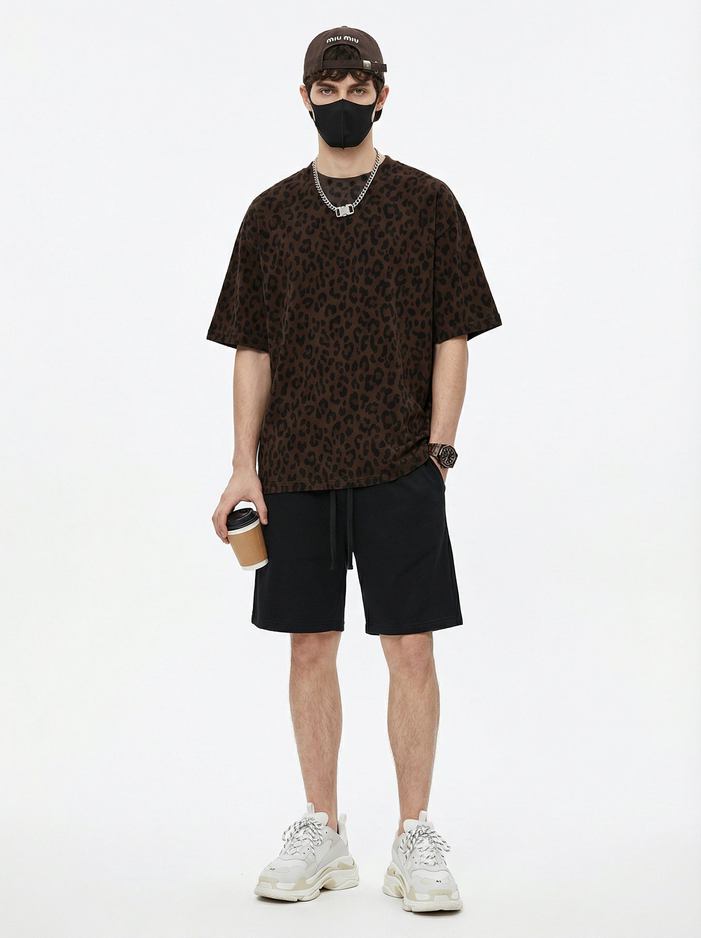 240GSM Men’s Boxy Leopard Print Heat-Transfer Loose T-shirt Coffee 