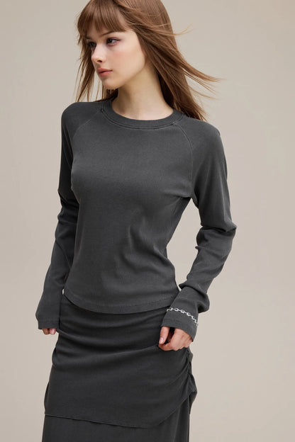 Dyed Washed Raglan Long Sleeve Slim T-Shirt