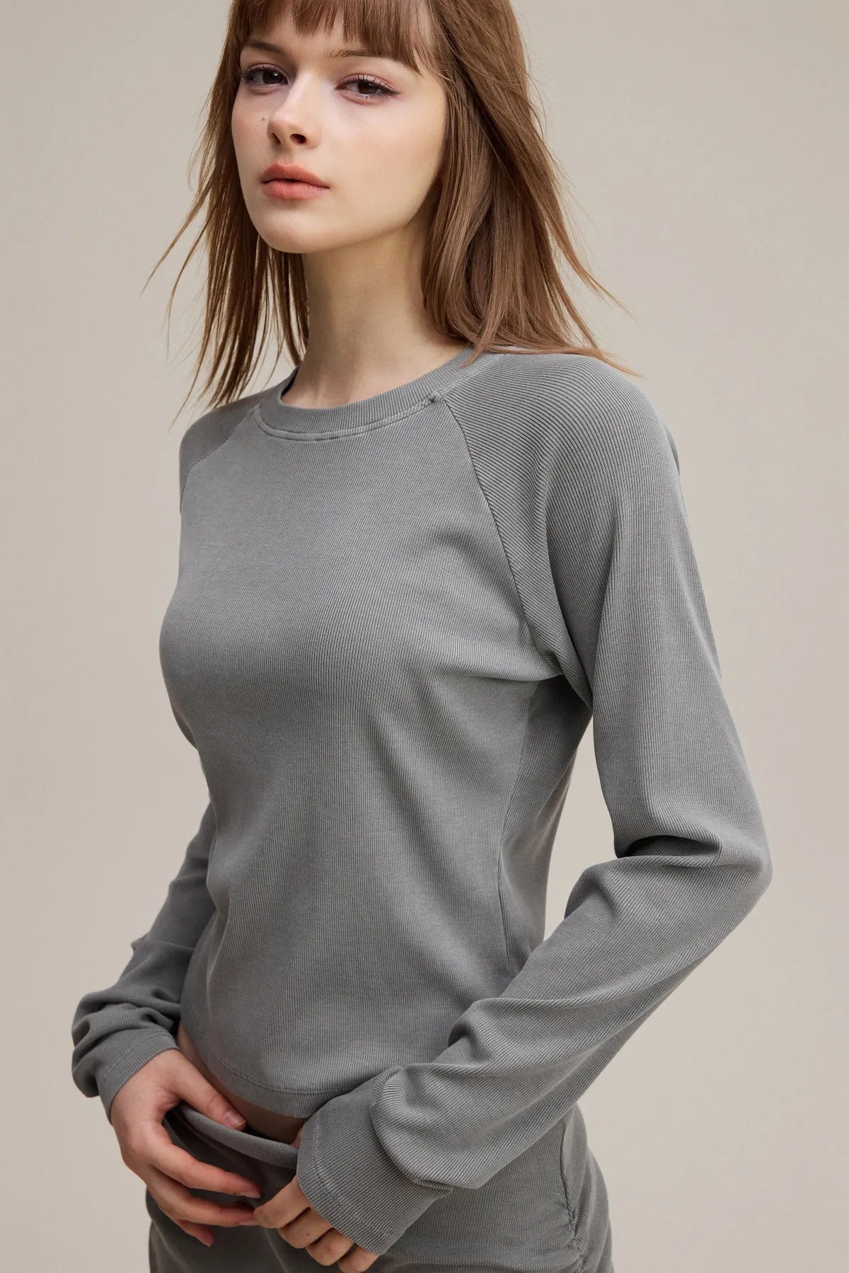 Dyed Washed Raglan Long Sleeve Slim T-Shirt