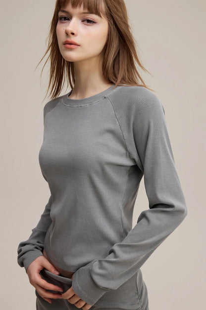 Dyed Washed Raglan Long Sleeve Slim T-Shirt