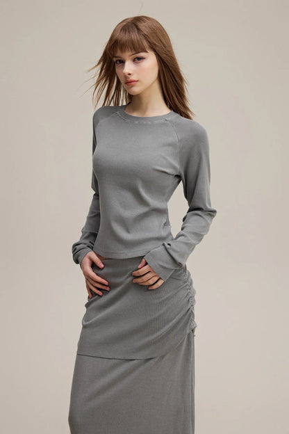 Dyed Washed Raglan Long Sleeve Slim T-Shirt